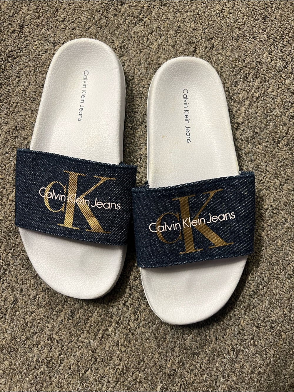 Calvin Klein Jeans White Footbed Denim Strap Slide Sandals with Gold Logo